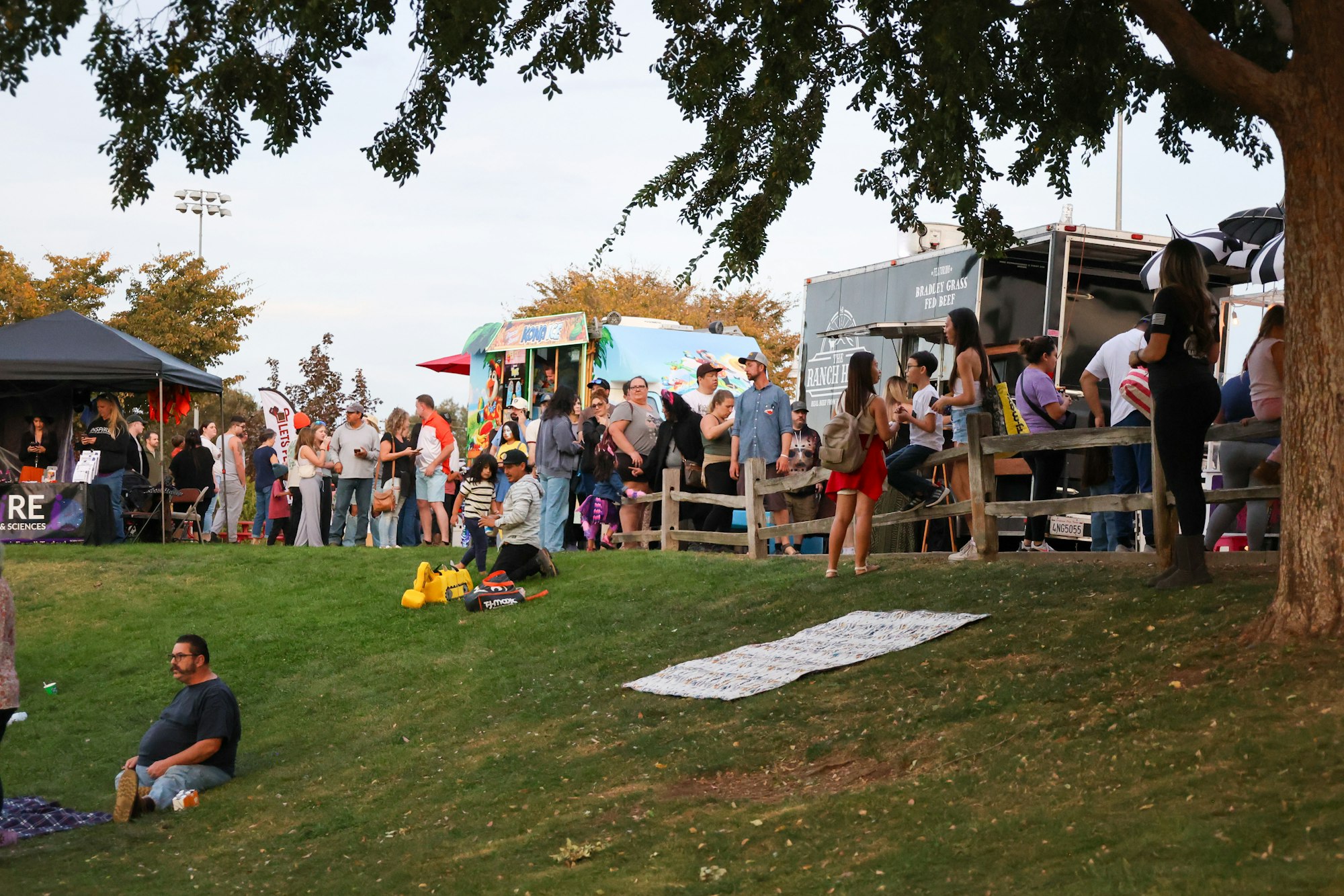 People at an outdoor event with food trucks, a tent, some seated on the grass, and others in line or socializing.