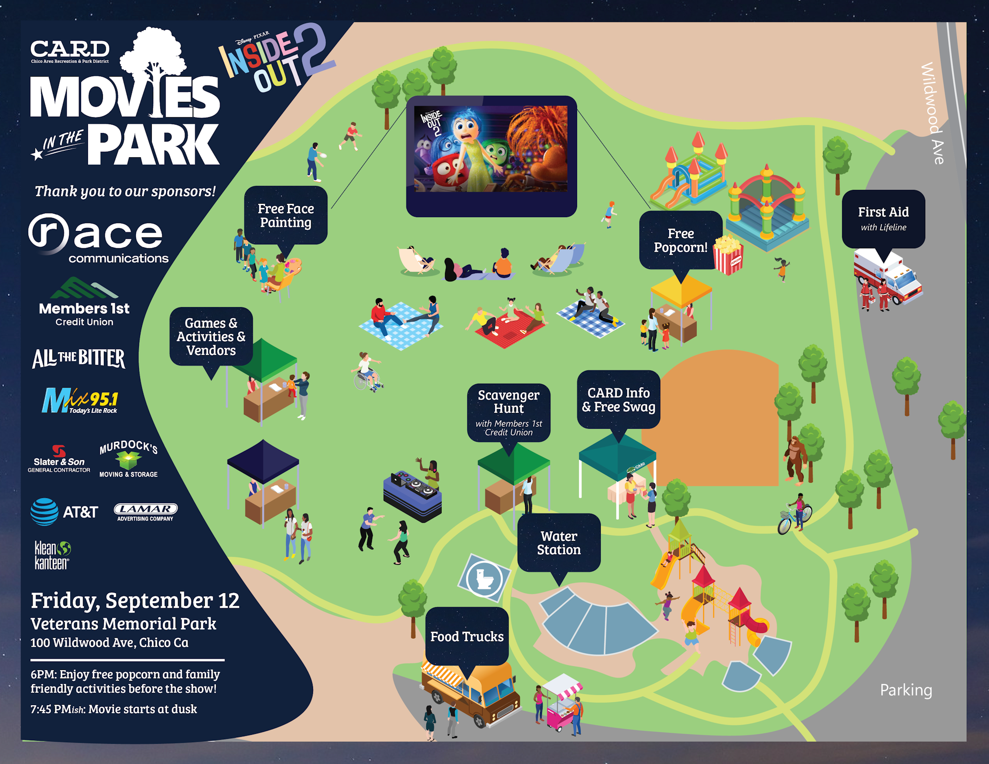 Outdoor movie event with activities, food trucks, free popcorn, face painting, scavenger hunt, and more at Veterans Memorial Park.