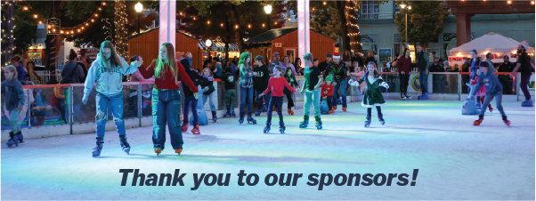 People ice skating at a rink under festive lights with the text "Thank you to our sponsors!"