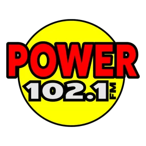 The image features the logo for radio station "POWER 102.1 FM" with bold red text on a yellow background.