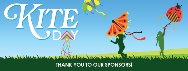The image promotes "Kite Day" with colorful kites, silhouettes of children flying them, and a note of thanks to sponsors.