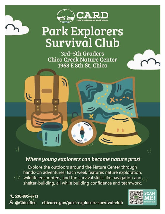 The image promotes the Park Explorers Survival Club for 3rd-5th graders at Chico Creek Nature Center, offering outdoor adventures and skills development.