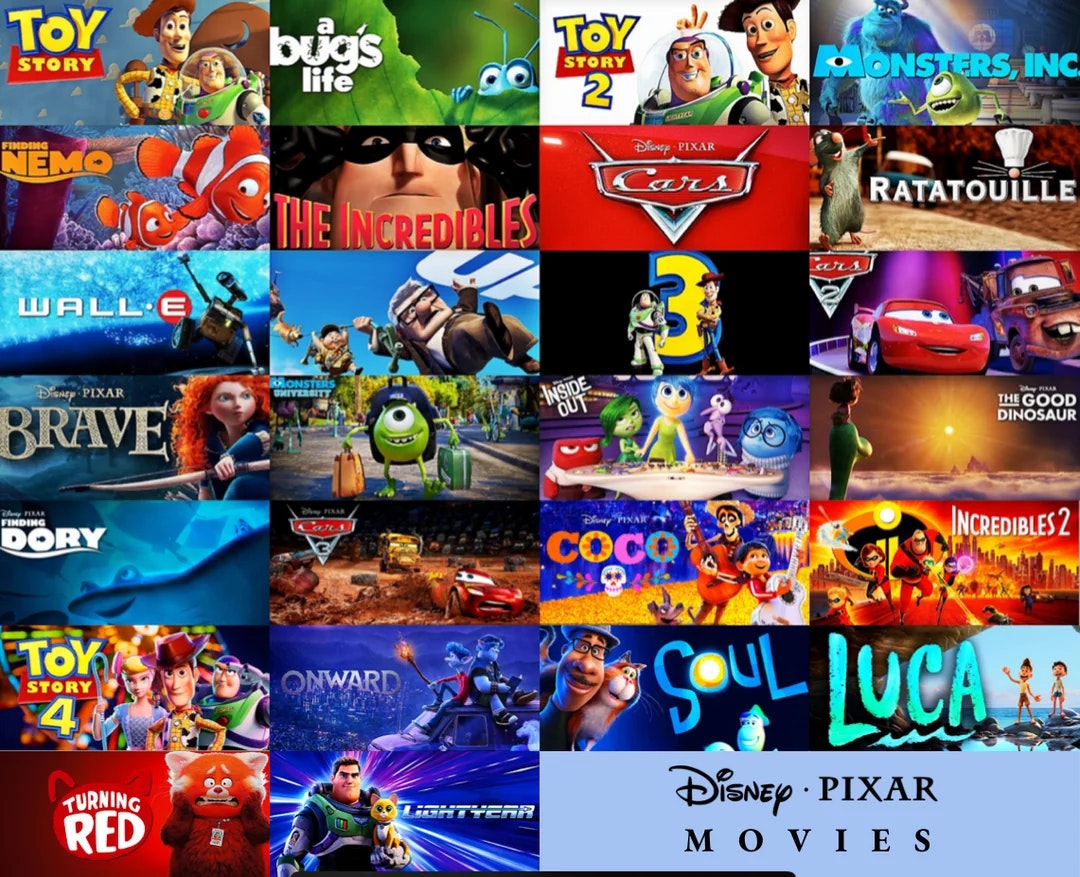 Collage of Disney-Pixar movie posters featuring titles like Toy Story, Finding Nemo, and more.