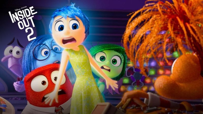 Animated characters from "Inside Out 2" showing various emotions in a control room setting.