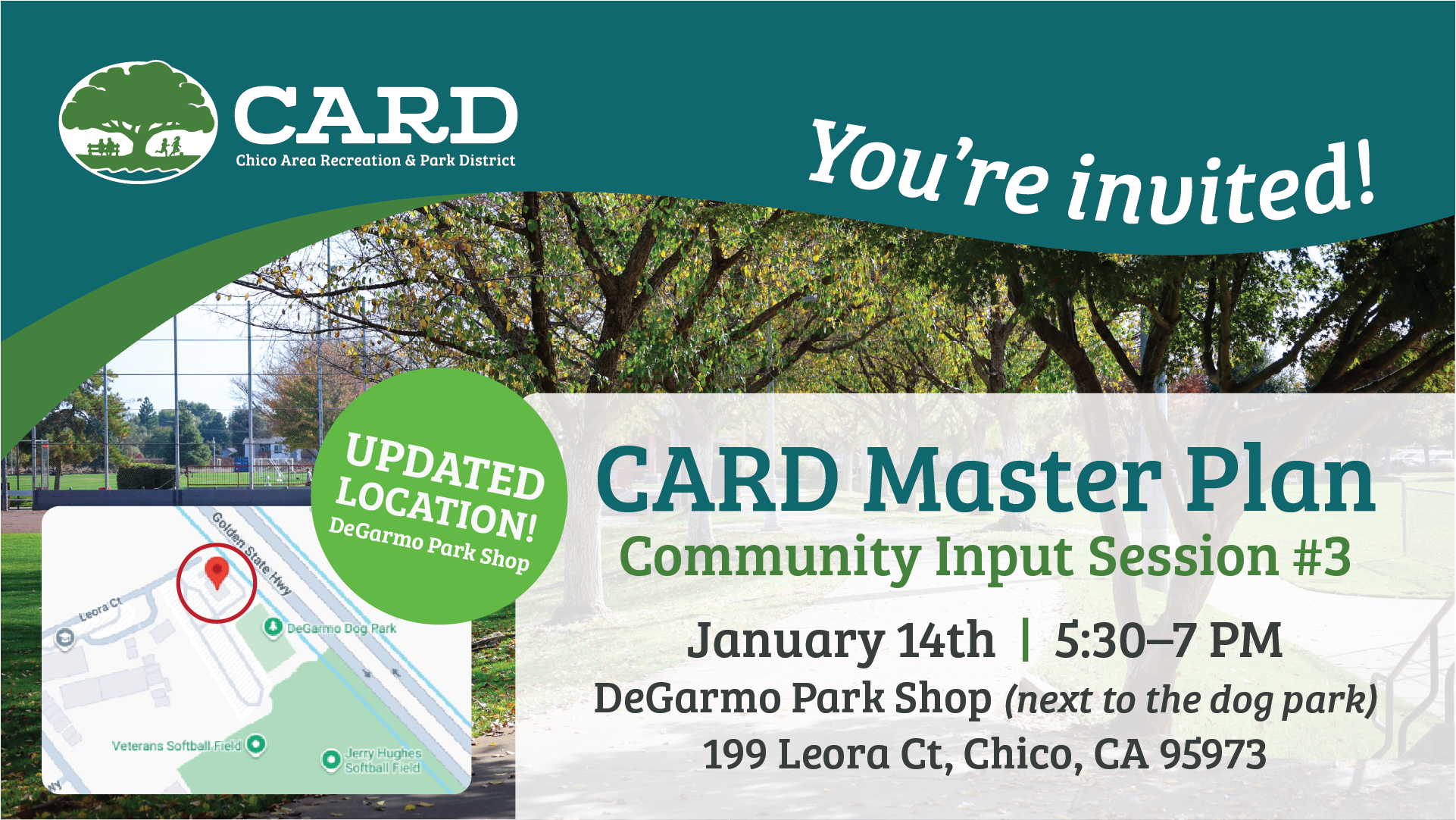 Invitation to CARD Master Plan Community Input Session #3 on January 14th from 5:30-7 PM at DeGarmo Park Shop, Chico, CA.