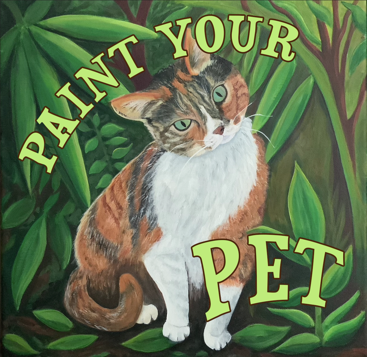 A painting of a cat surrounded by leaves with the text "PAINT YOUR PET" in bold yellow letters.