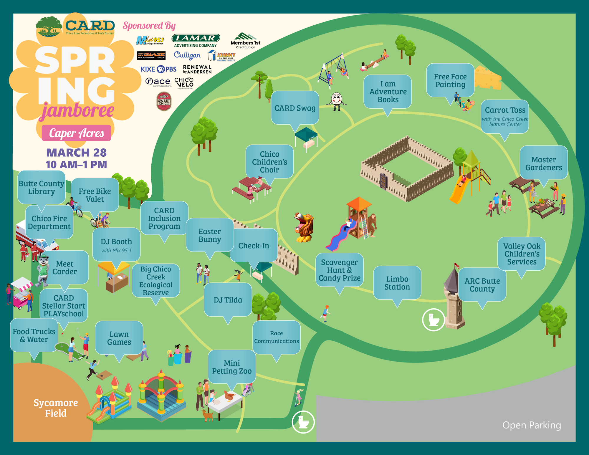 Map for the Spring Jamboree at Caper Acres on March 28, featuring activities like face painting, a scavenger hunt, and food trucks.