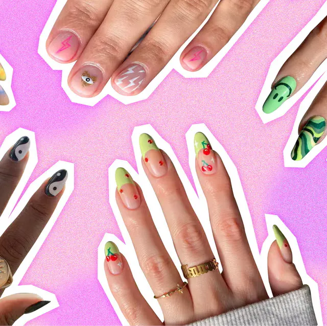 The image showcases various colorful and artistic nail designs, featuring patterns like lightning bolts, cherries, and playful colors.