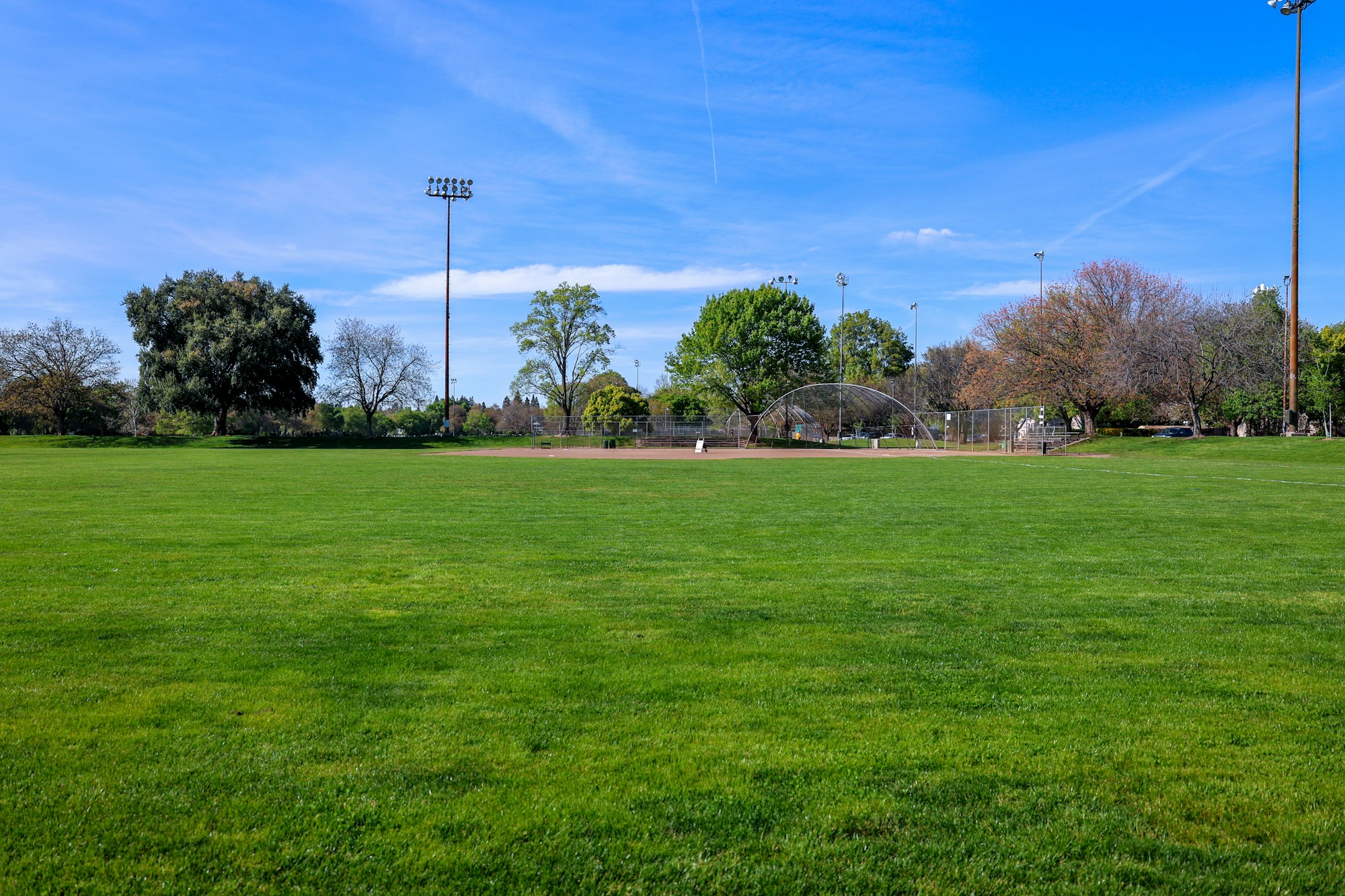 A baseball field with green grass, backstop, and floodlights under a blue sky.