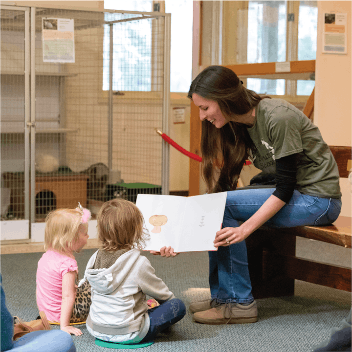 Teacher Ellen reading a story to a group of toddlers at Nature ABC's program.
