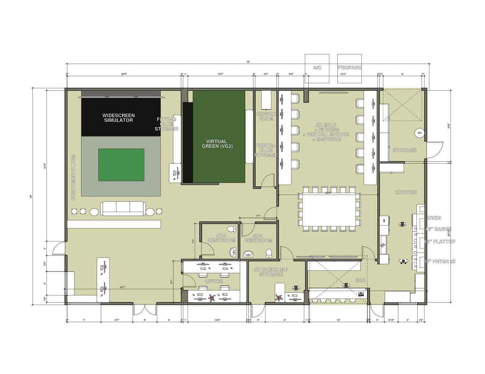 An architectural floor plan with labeled areas, including a widescreen simulator and virtual golf.