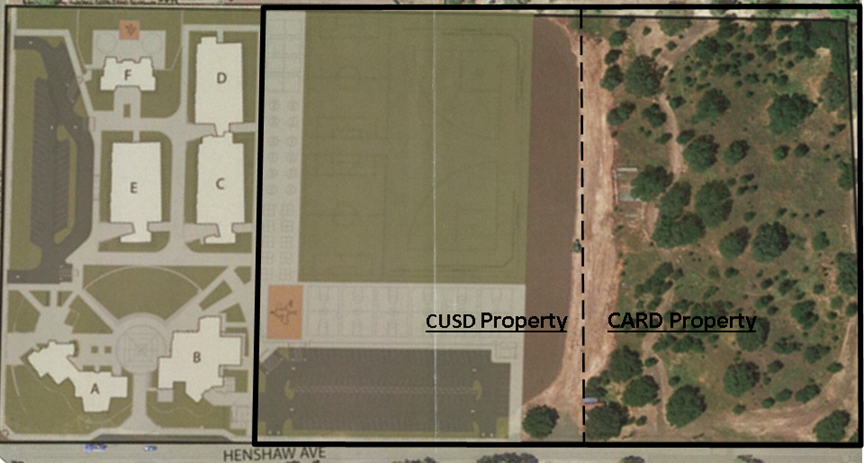 Map showing CUSD and CARD properties with buildings, fields, and greenery along Henshaw Ave.