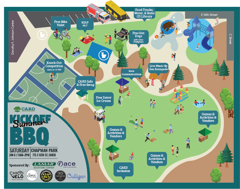 The image is a map for the "Kickoff Summer BBQ" event at Chapman Park, featuring food, activities, live music, and games on June 6.