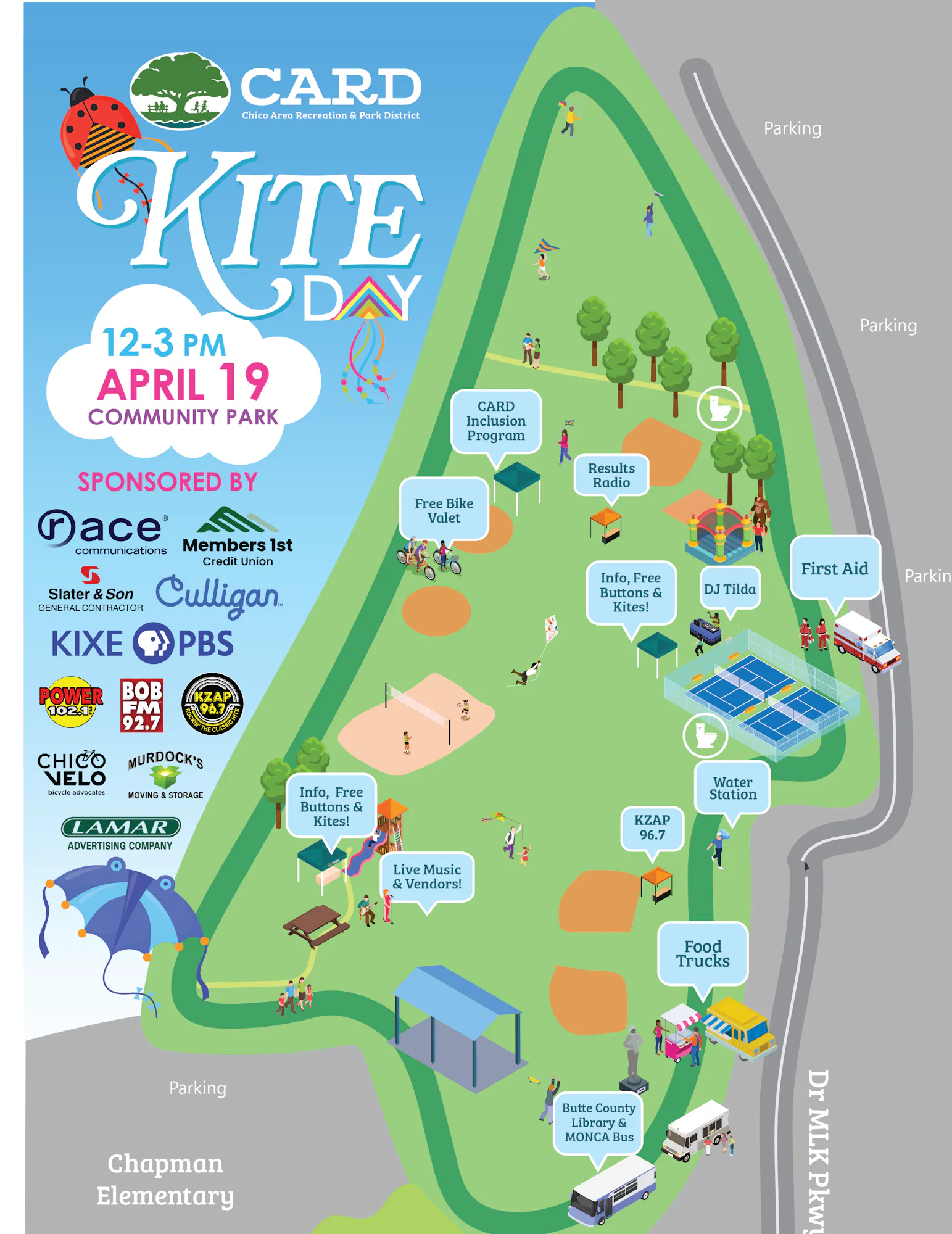 It's a map for Kite Day at a community park on April 19 from 12-3 PM, featuring activities, vendors, and facilities.
