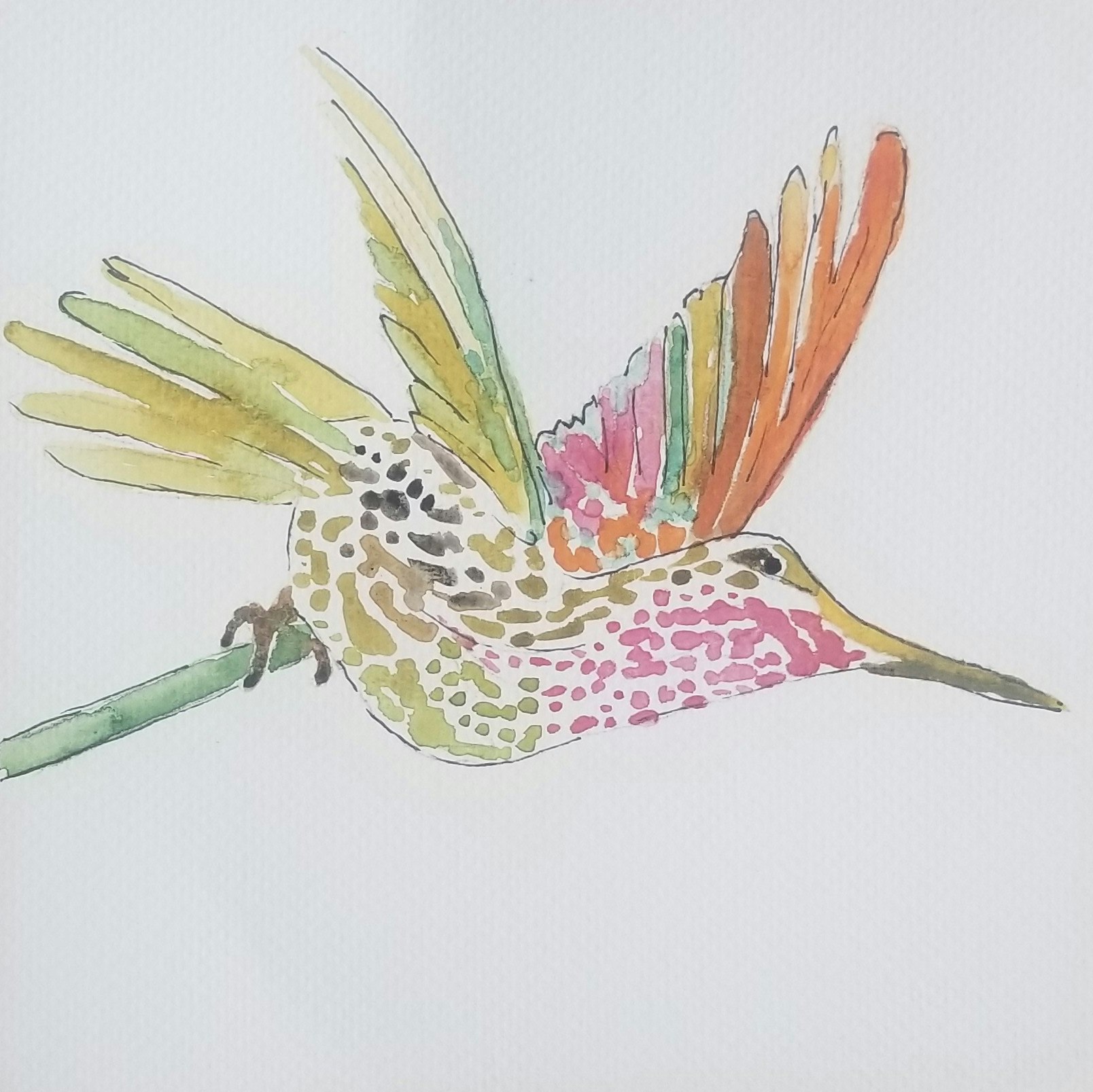 A vibrant watercolor painting of a hummingbird with colorful feathers, showcasing green, pink, orange, and yellow hues.