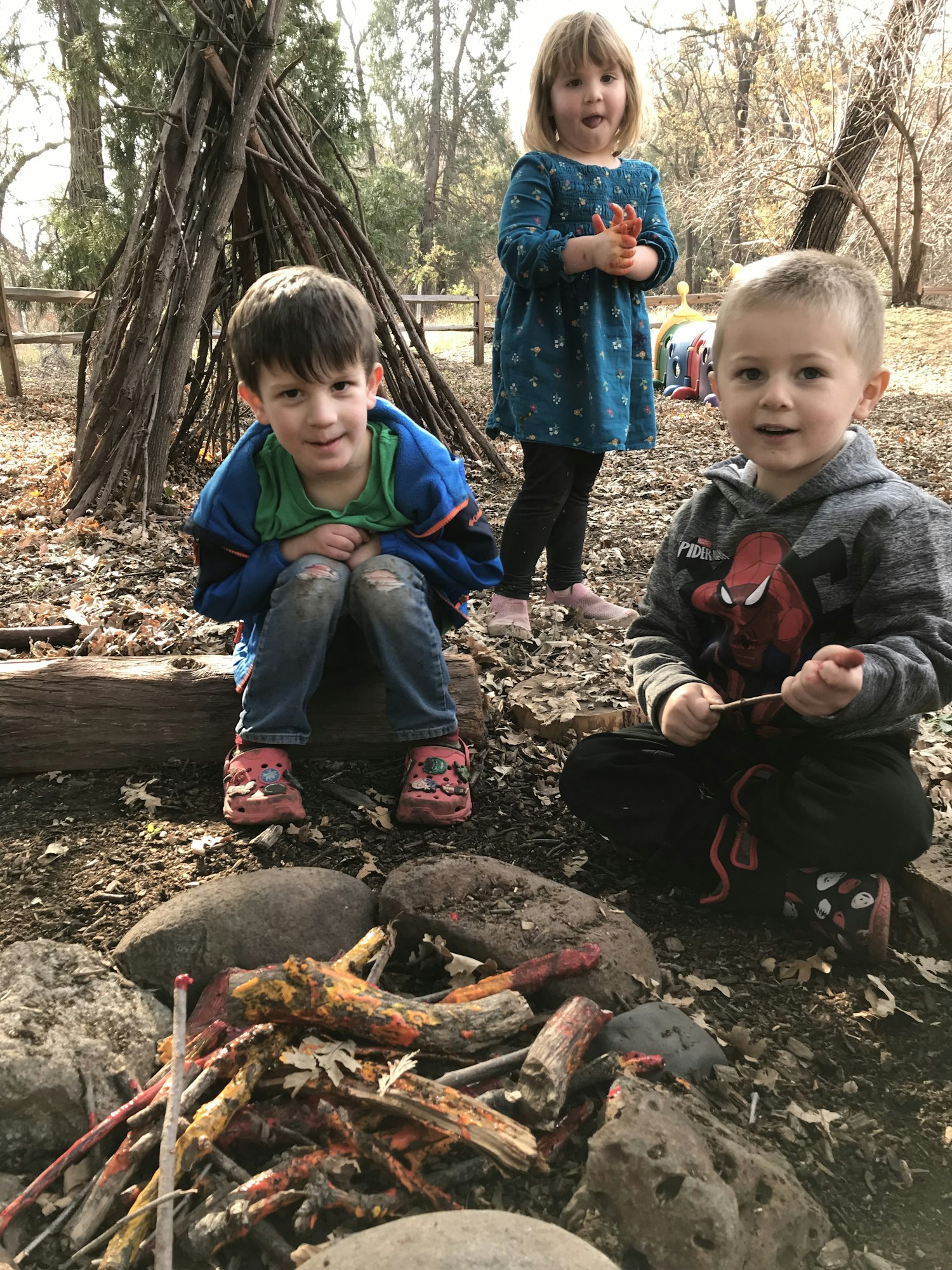 Three children sitting around a small campfire in a wooded area, with branches and rocks nearby.