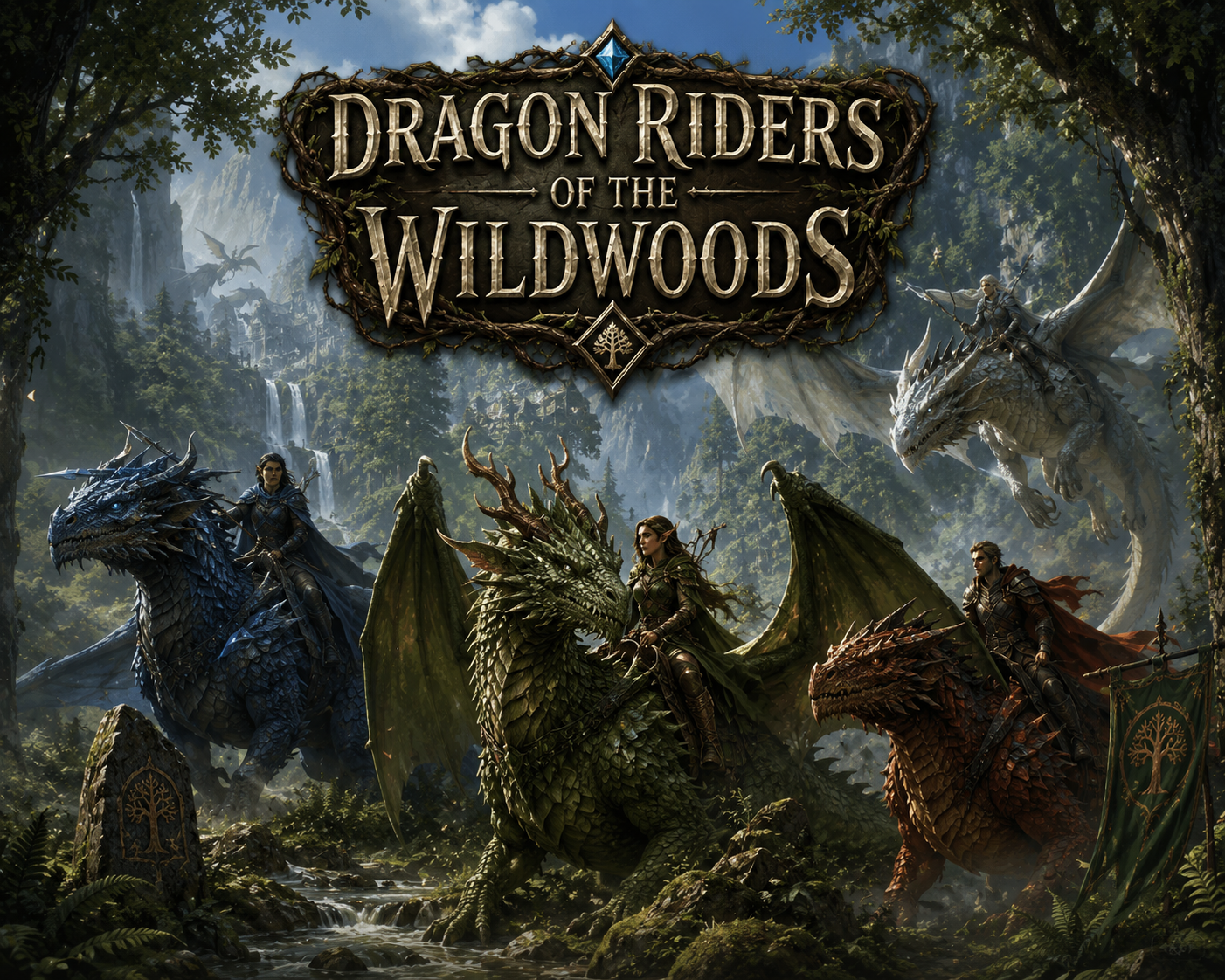 The image features "Dragon Riders of the Wildwoods," showcasing characters on various dragons in a lush fantasy setting.