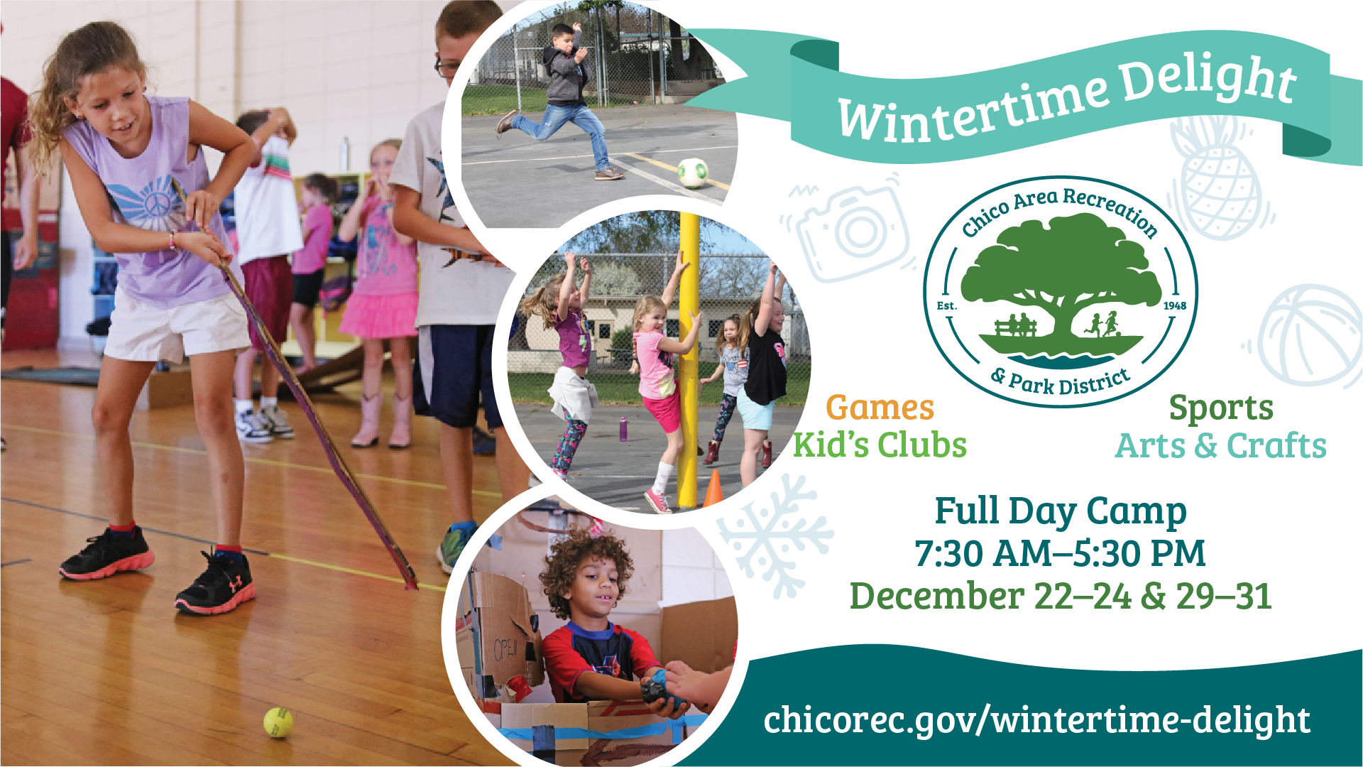 Winter camp flyer with kids playing sports and doing arts and crafts. Dates: December 22–24 & 29–31, 7:30 AM–5:30 PM.