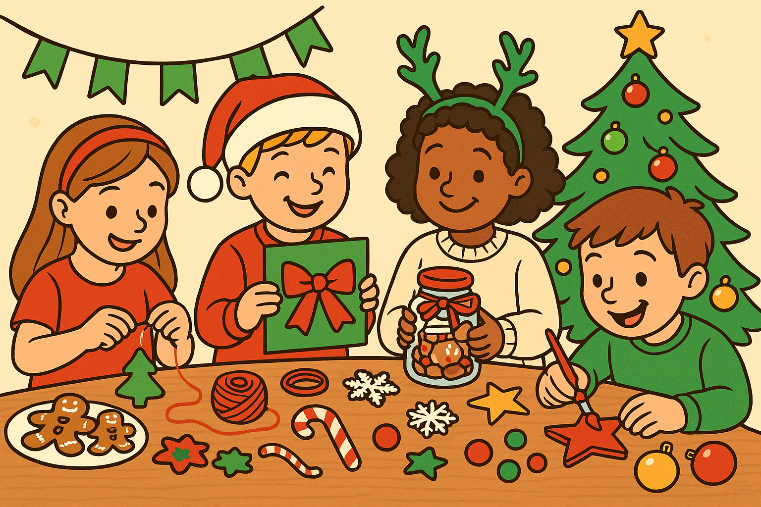 Children crafting Christmas decorations and cookies around a table by a Christmas tree.