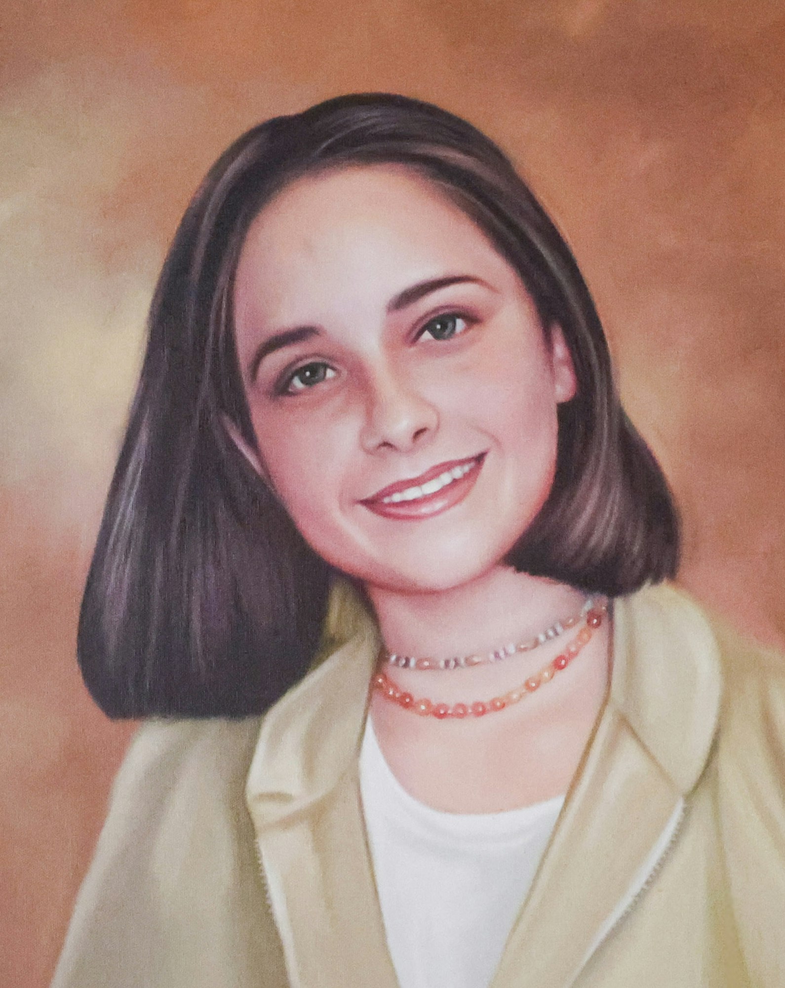 A painted portrait of a smiling person with short brown hair, wearing a beige jacket and layered beaded necklaces.