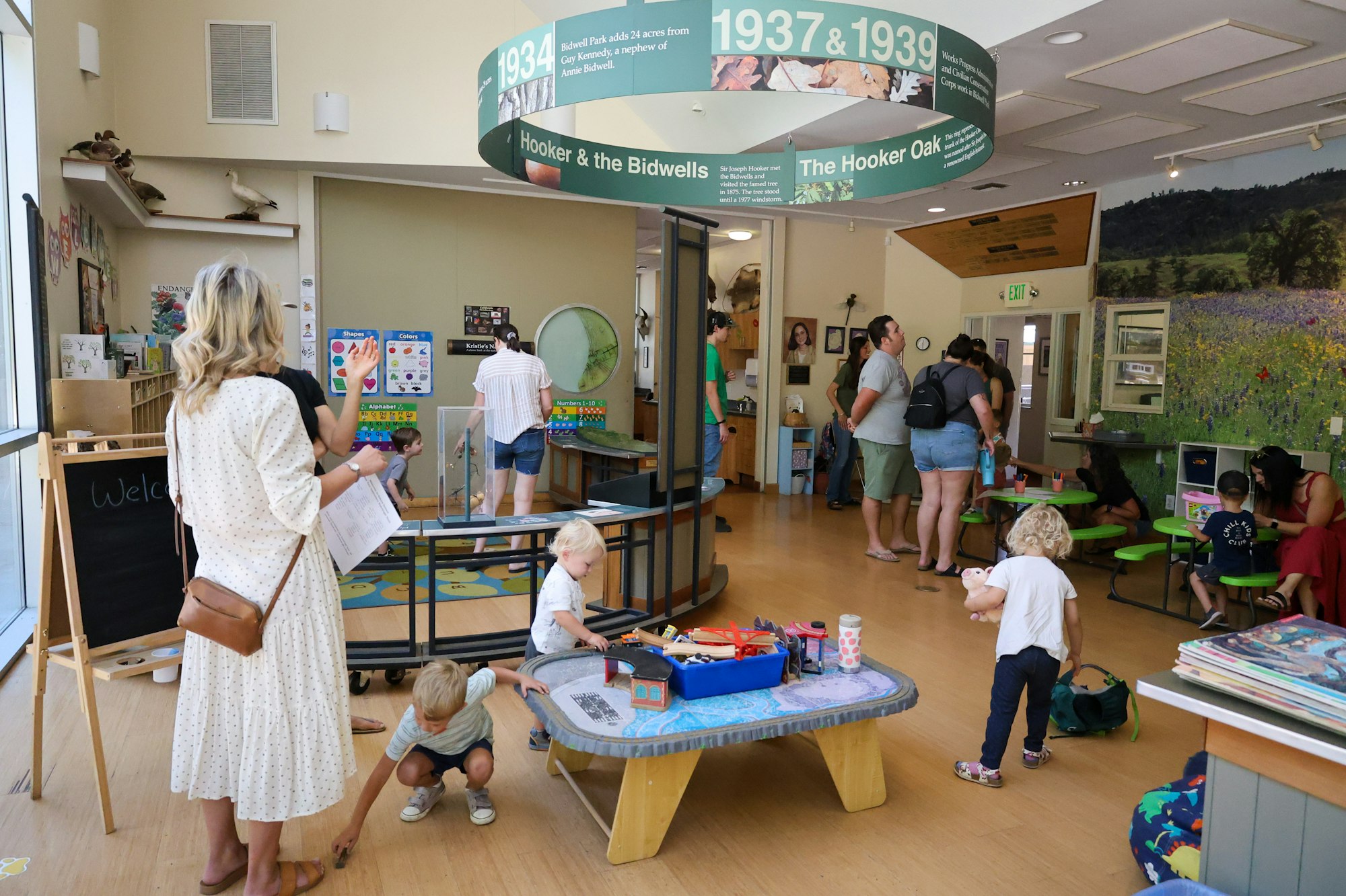 Children and adults in a play and learning area with educational displays and activities.