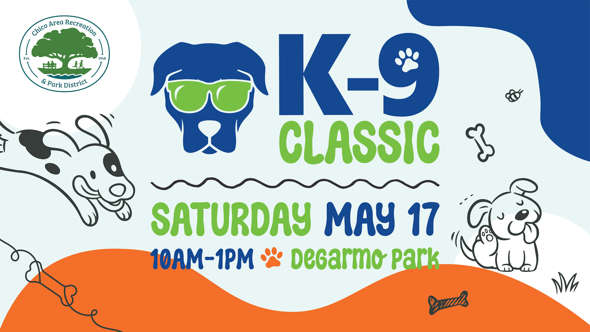 K-9 Classic event at Degarmo Park, Saturday, May 17, 10AM-1PM. Featuring dog illustrations.