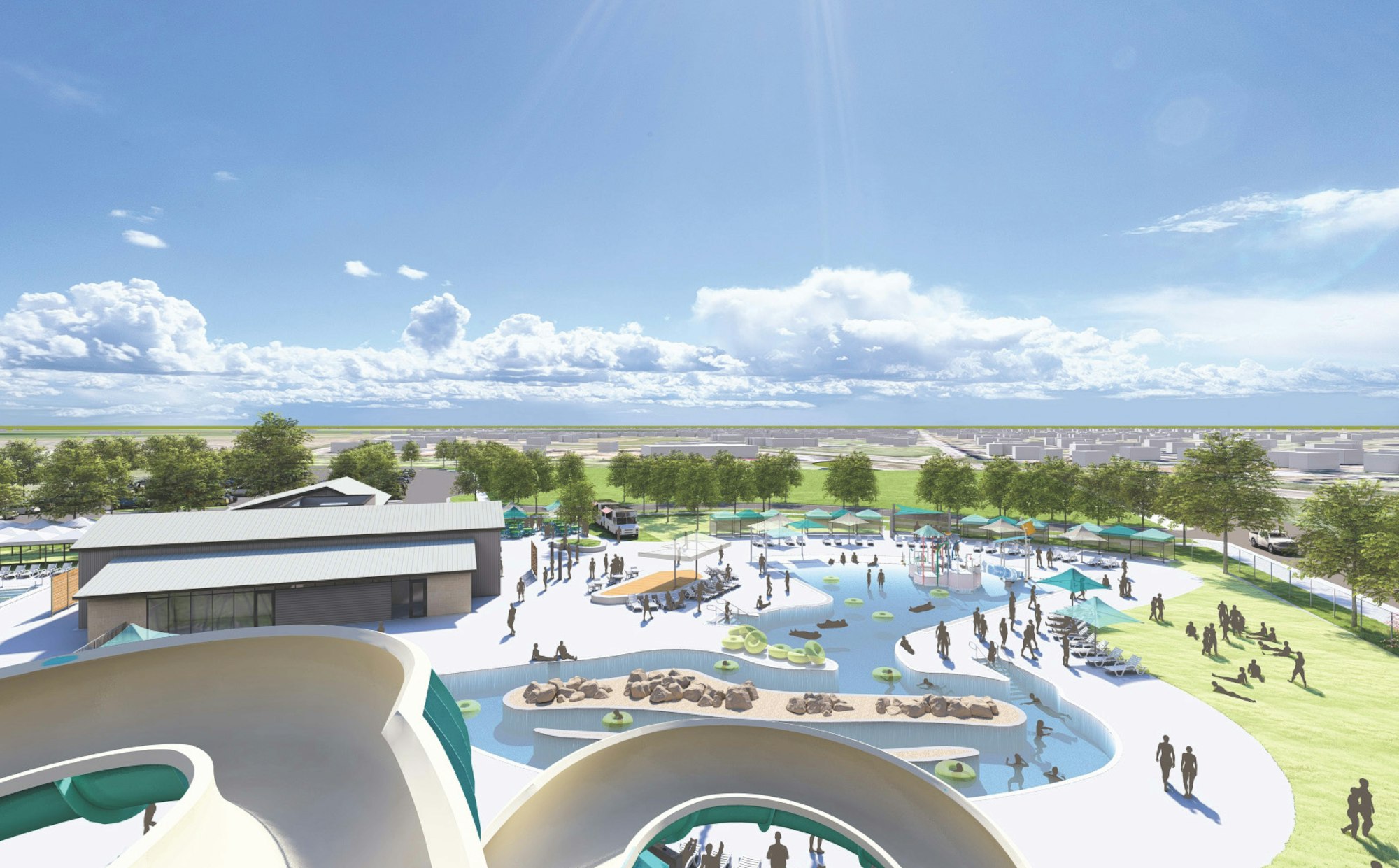A conceptual rendering of a water park with slides, pools, and lounging areas under a sunny sky.