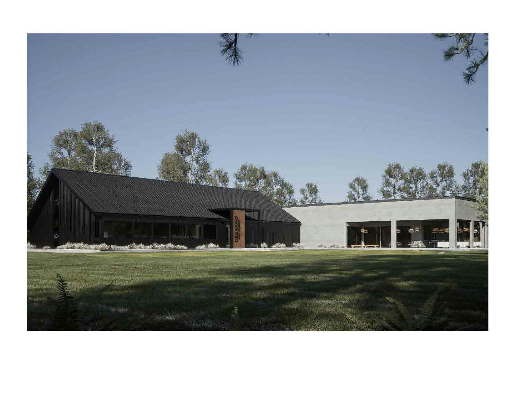 Modern buildings with contrasting designs, one black and one gray, surrounded by green lawn and trees.