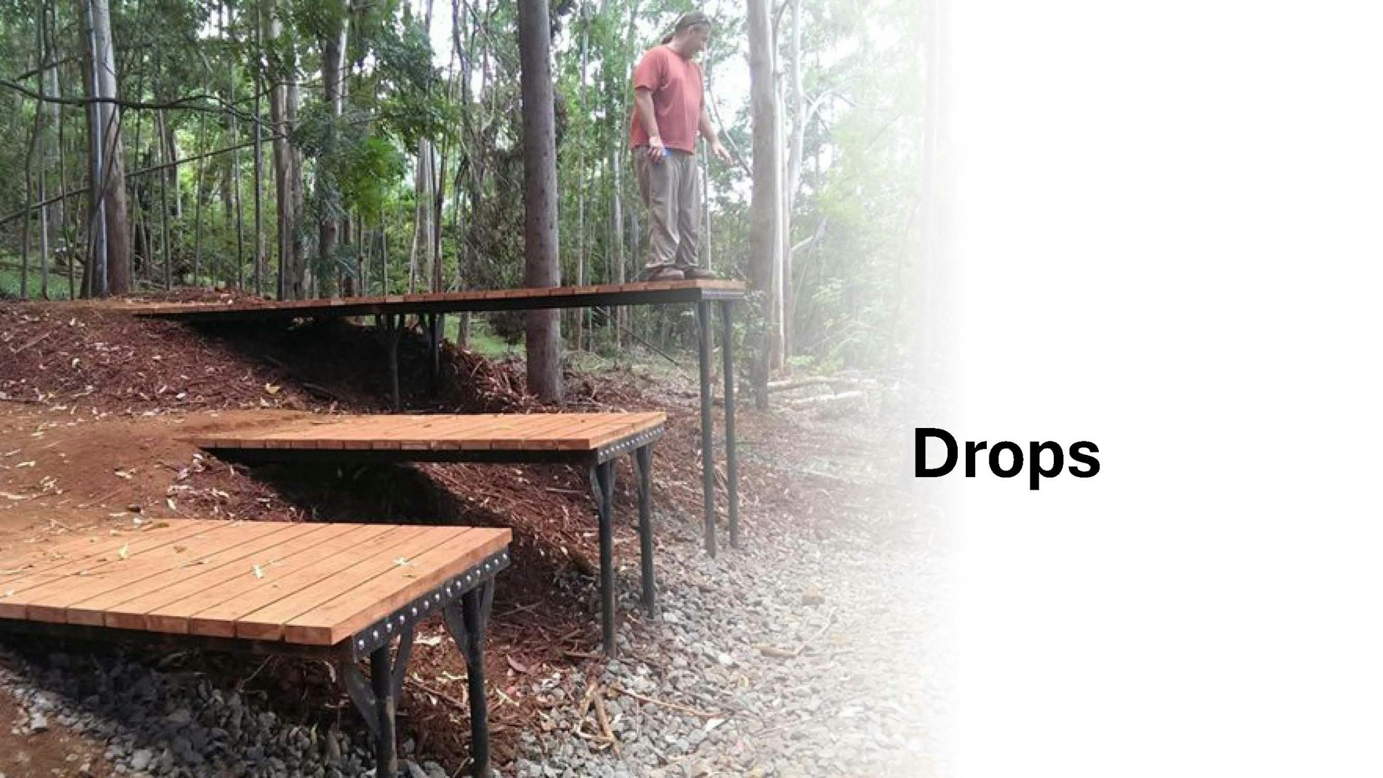 A person standing on a raised wooden platform in a forest with the word "Drops" on the side.