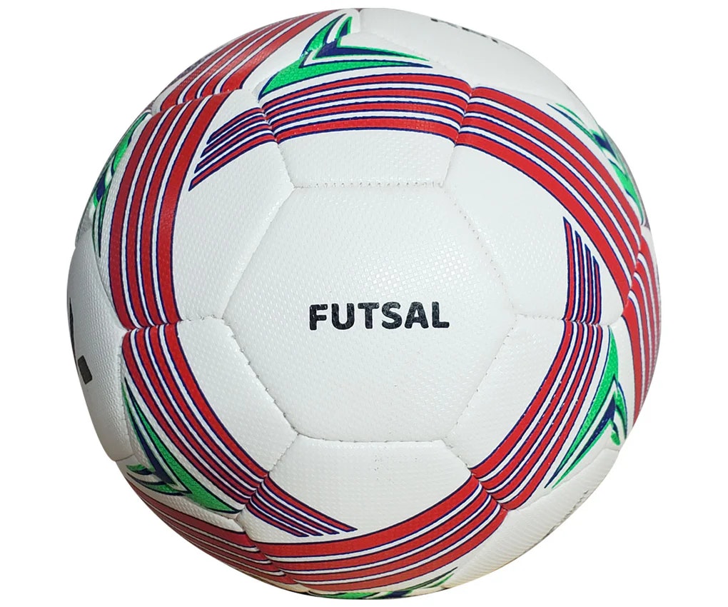 The image shows a white futsal ball with colorful patterns and the word "FUTSAL" printed on it.