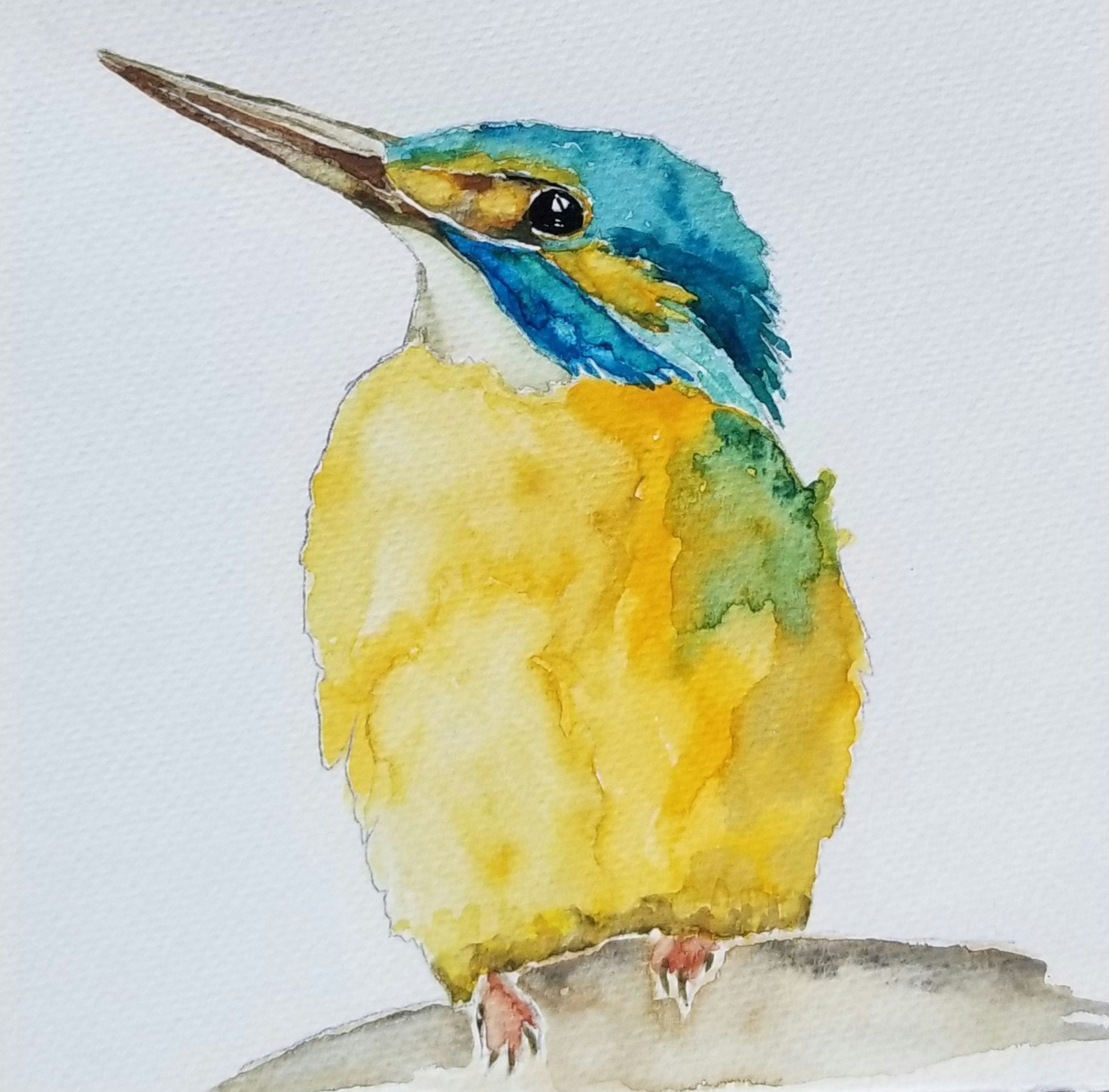 A watercolor painting of a colorful bird with a blue head and yellow body, perched on a branch.