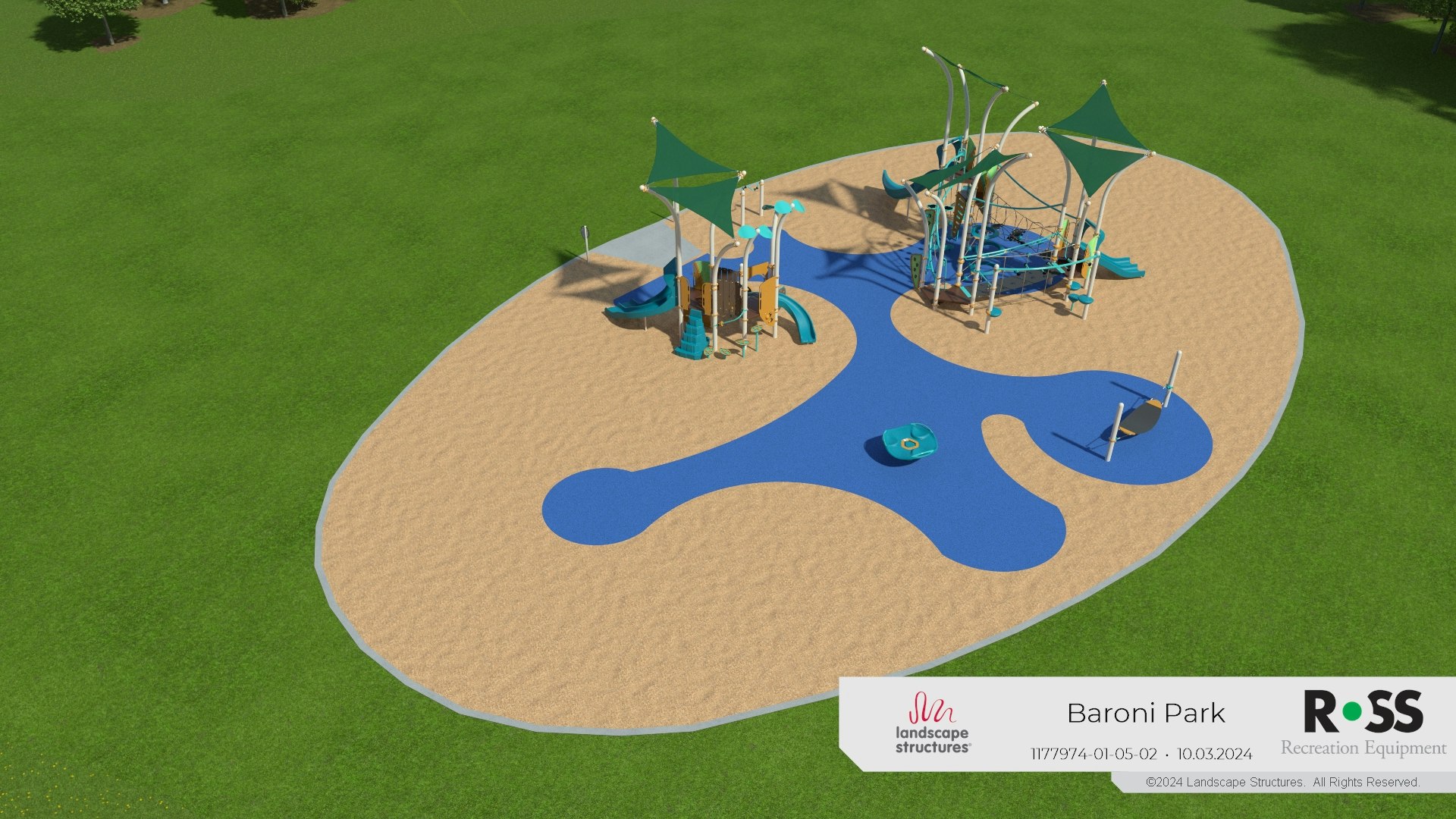Children's playground with slides and shade structures on sand, surrounded by grass, labeled "Baroni Park" by Landscape Structures.