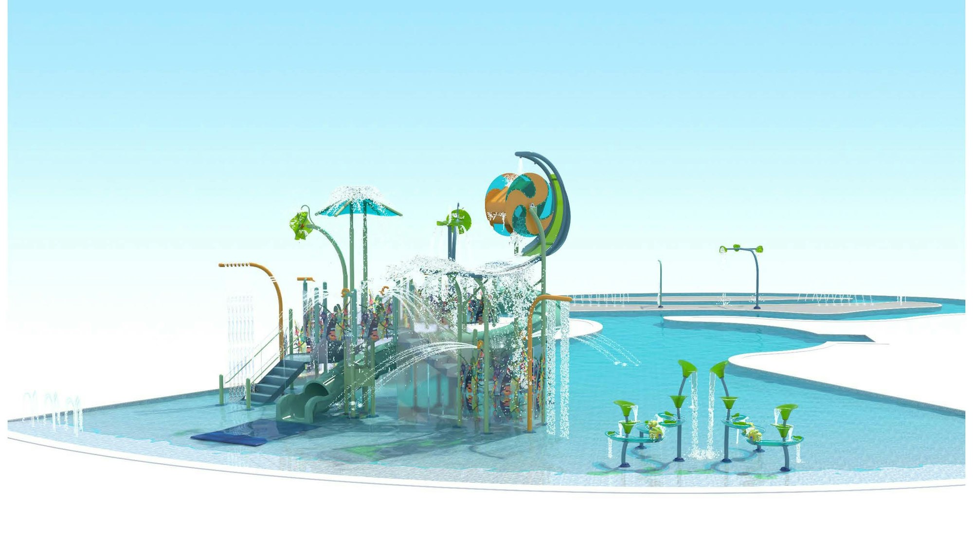 Children’s water play area with slides, fountains, and interactive water features in a pool setting.