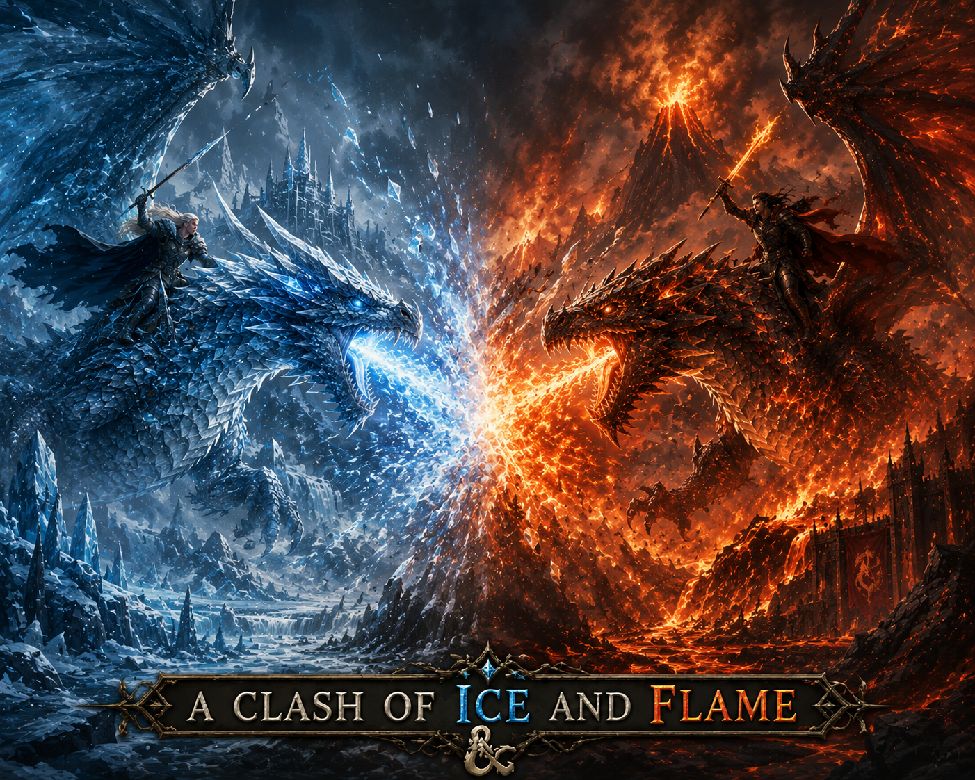 A dramatic scene of two dragons, one icy blue and the other fiery red, clashing amidst an epic battle of ice and fire.