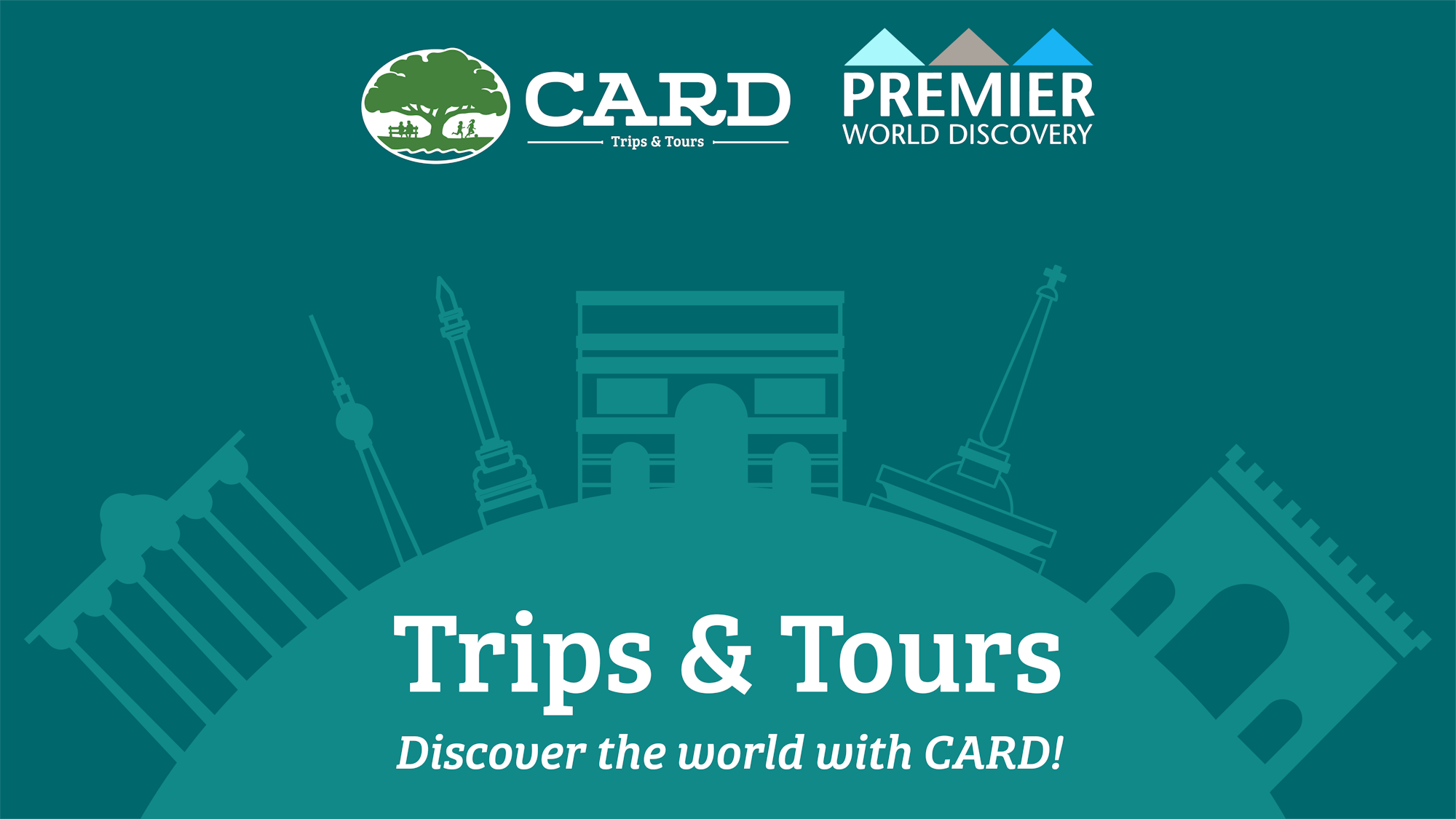 A travel-related advertisement with iconic landmarks silhouettes, promoting trips and tours with a company called CARD.