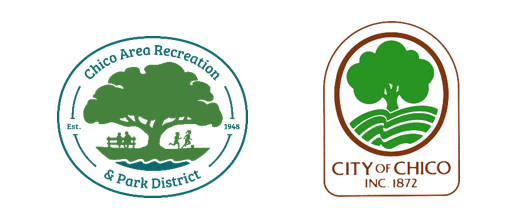 Two logos: One for "Chico Area Recreation & Park District" and the other for "City of Chico, Inc. 1872," both featuring trees.