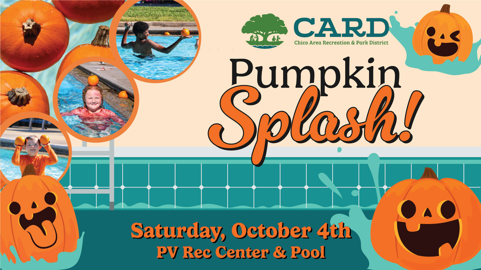 Kids swimming with pumpkins, "CARD Pumpkin Splash!" event, Saturday, October 4th at PV Rec Center & Pool.