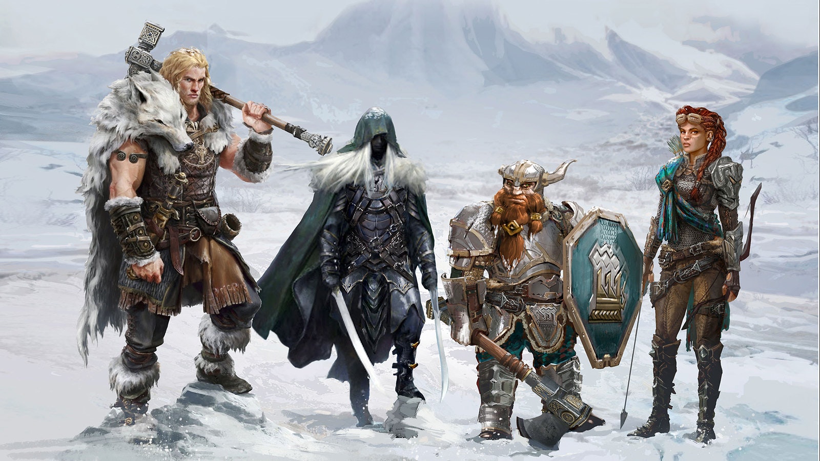 Four fantasy characters in winter outfits stand in a snowy landscape, each with distinct armor and weapons.