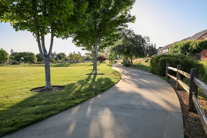 A winding pathway with trees, green lawn, a wooden fence, and houses in the distance under a bright sky.