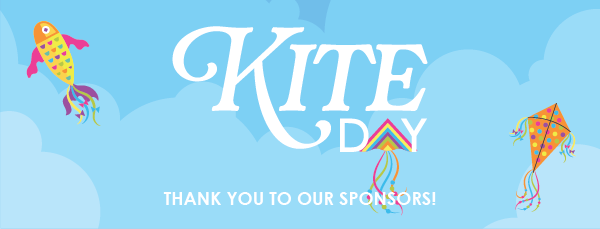 Colorful kites against a blue sky with "Kite Day" text and a thank you note to sponsors.