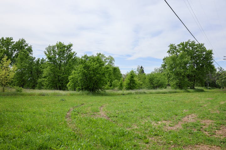 A grassy field with tire tracks, surrounded by green trees under a cloudy sky. Power lines run across the image.