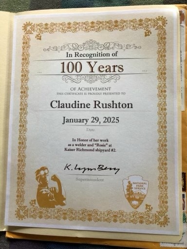 A certificate recognizing Claudine Rushton's 100 years of achievement, dated January 29, 2025, honoring her work as a welder.