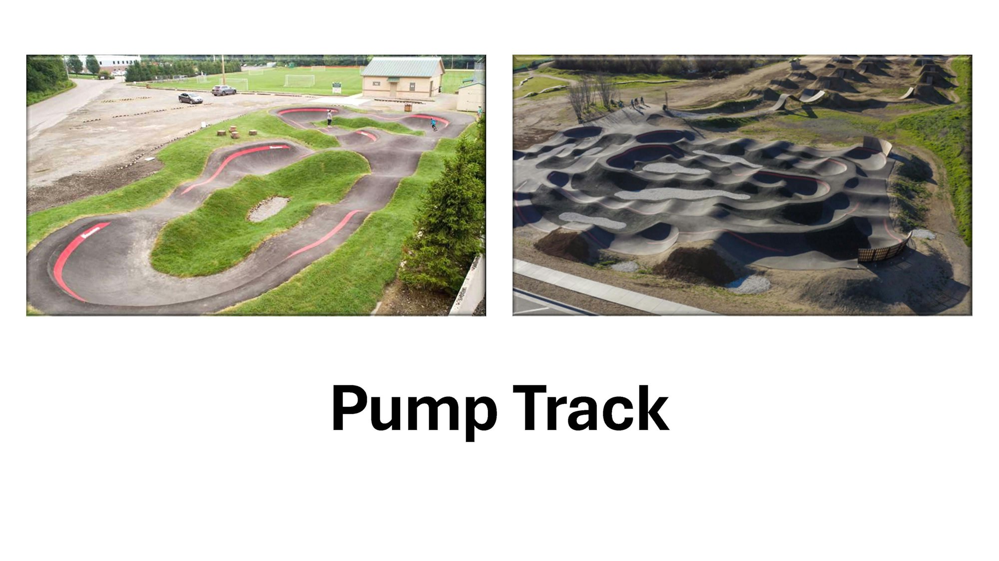 Two images of bike pump tracks with undulating paths and turns, labeled "Pump Track."