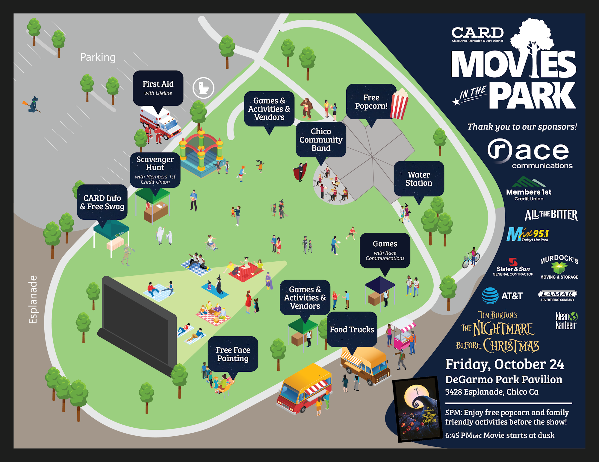 Map of "Movies in the Park" event with games, food trucks, free popcorn, face painting, and more on October 24.