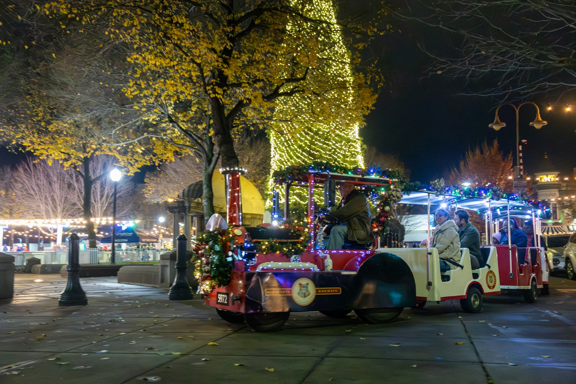 A festive train decorated with lights and greenery rides through a vibrant, illuminated park at night.