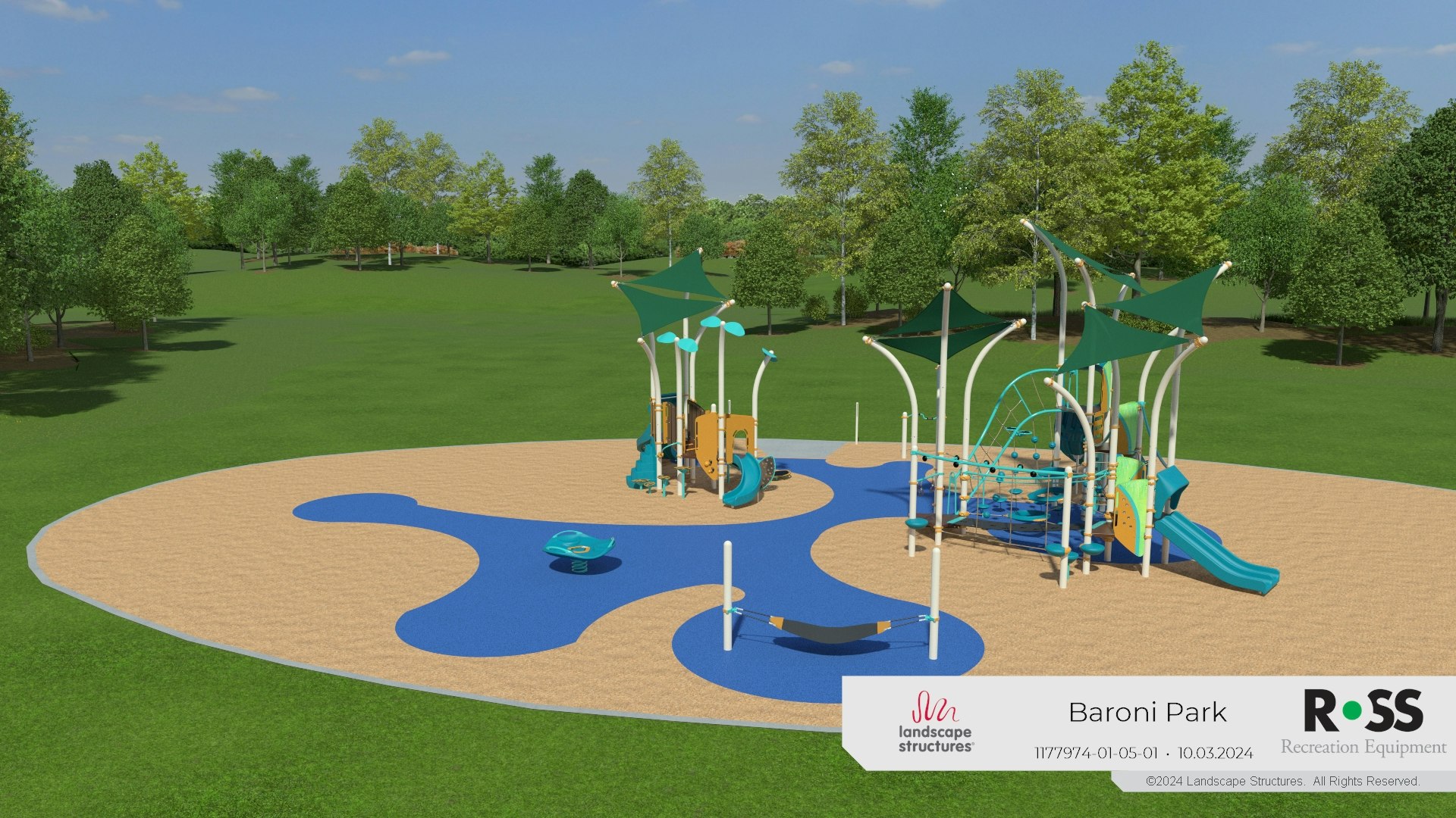 Playground with slides, climbing structures, and shade canopies on a grassy park with trees.