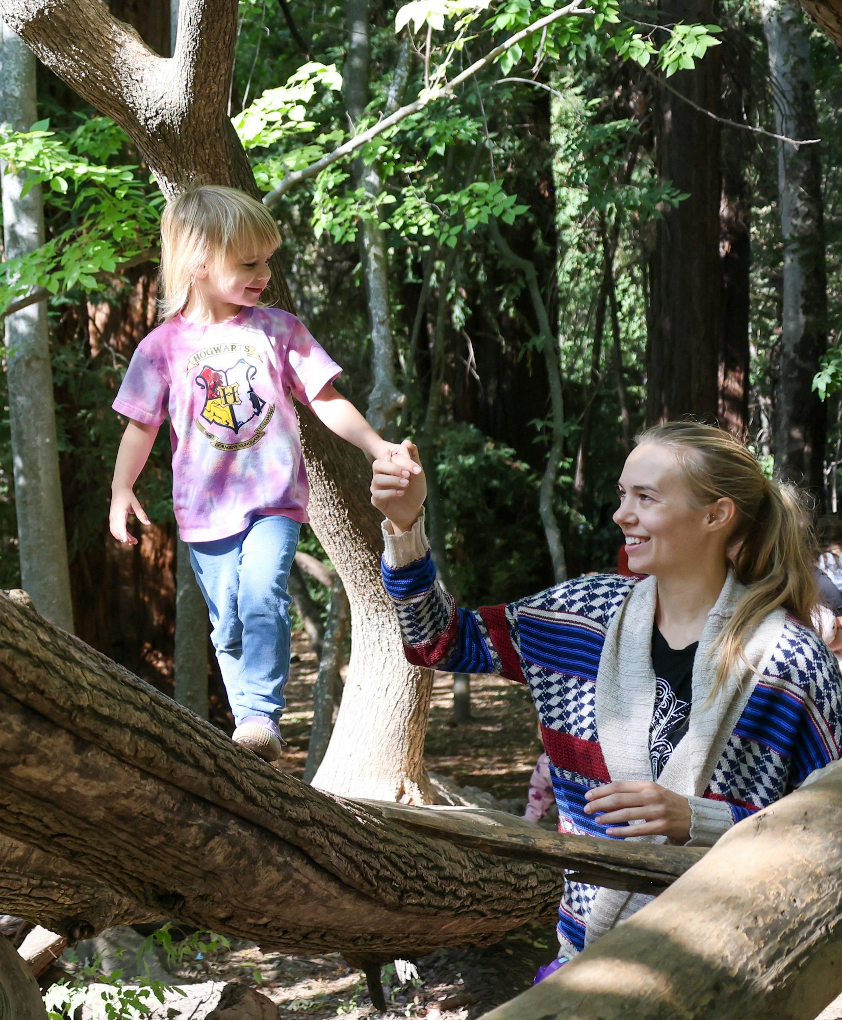 A joyful child stands on a tree branch, holding hands with an adult in a colorful cardigan, surrounded by greenery.