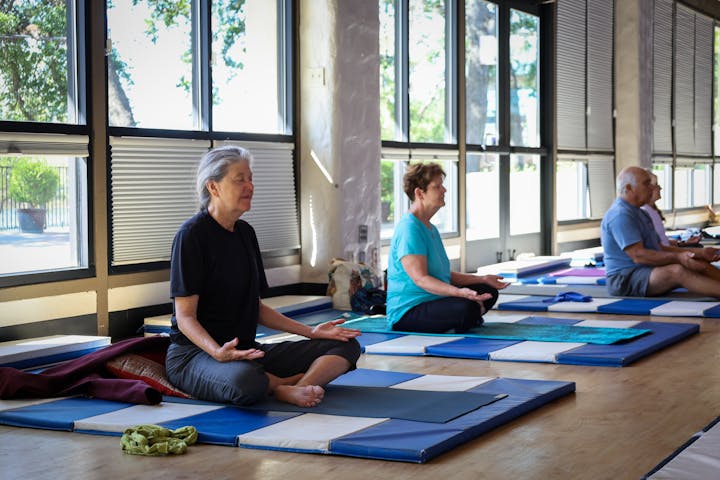 People practicing yoga in a peaceful indoor setting.