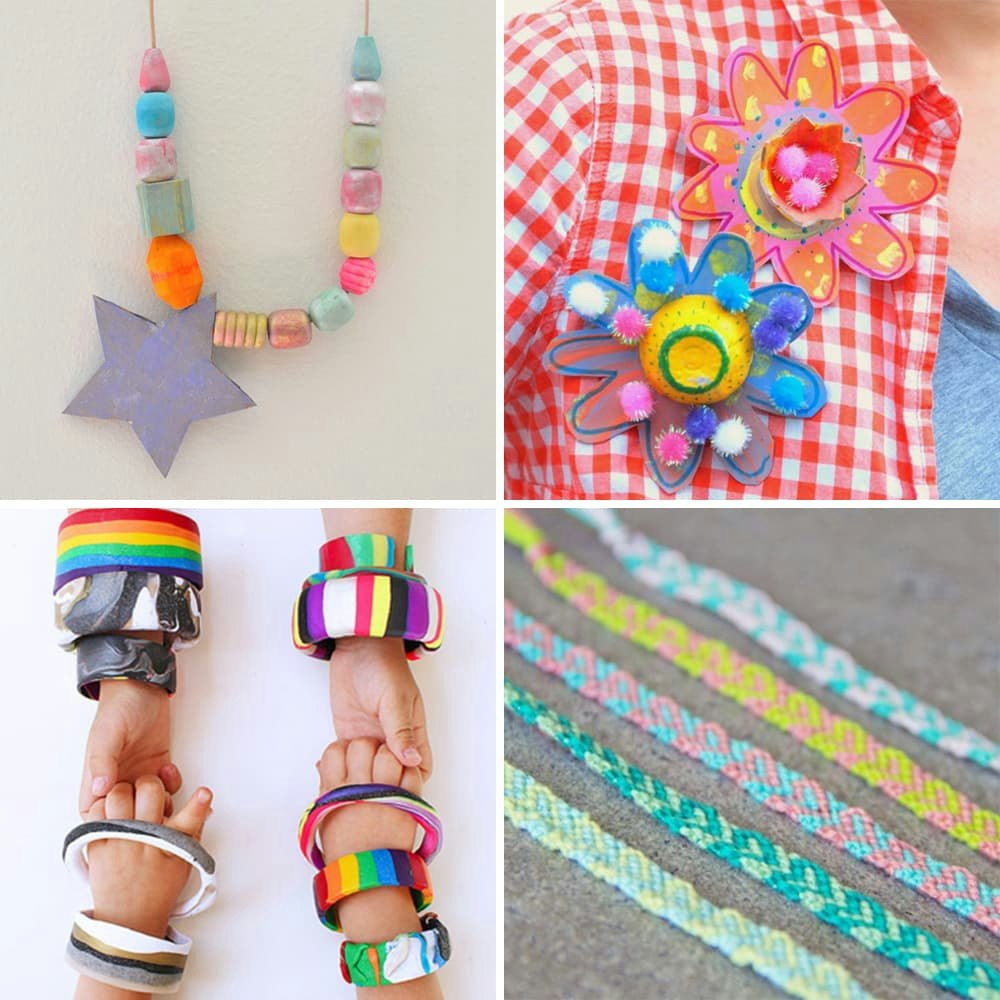 Colorful DIY crafts: bead necklace, flower badges, rainbow and striped bracelets, and braided bands.