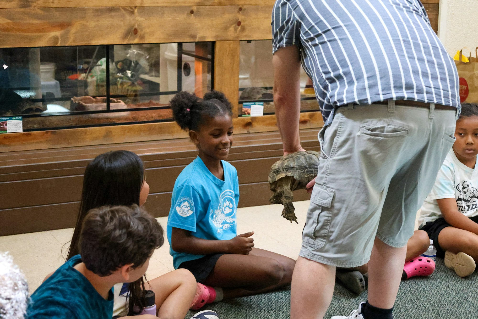 A group of children sits on the floor, watching a person holding a tortoise, with a tank of animals in the background.